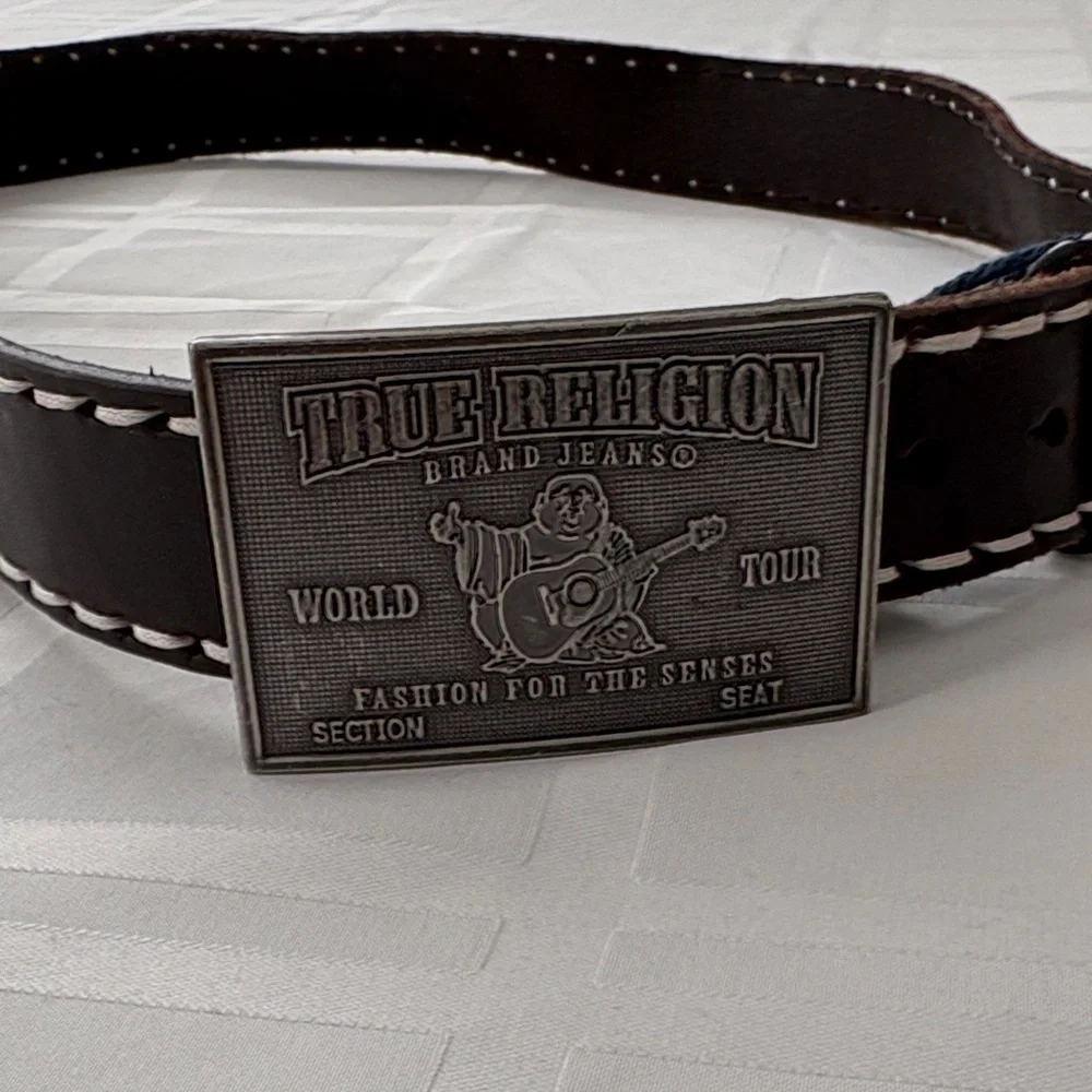 True‎ Religion Men's Brown Stitching Belt with Signature Buddha Silver Buckle 38